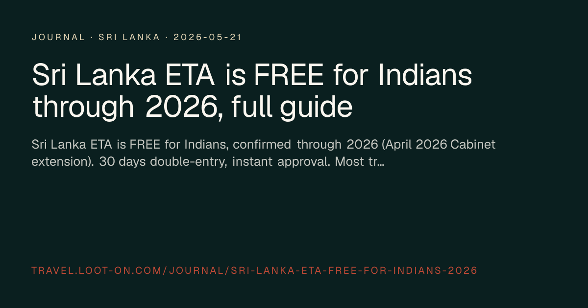 Sri Lanka ETA FREE for Indians 2026, apply at eta.gov.lk, 30 days